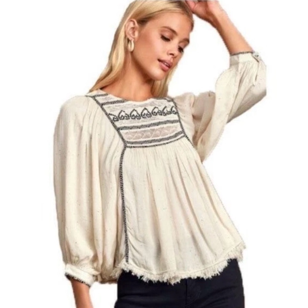 Free People Cypress Avenue Blouse XS Embroidered Prairie Peasant Top